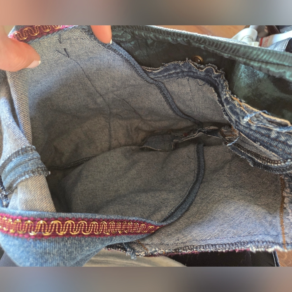 Denim Hobo Bag with Embroidered Trim - Blue - Picture 12 of 14